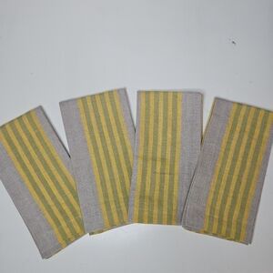 Williams Sonoma Set/4 100% Linen Dinner Napkins Neutral Tan Yellow Green Stripe